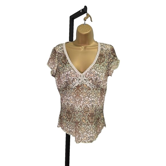 MOLLY MAXI y2k Babydoll Blouse Womens Med Paisley Green Cream Embroidered Lace - Picture 1 of 7